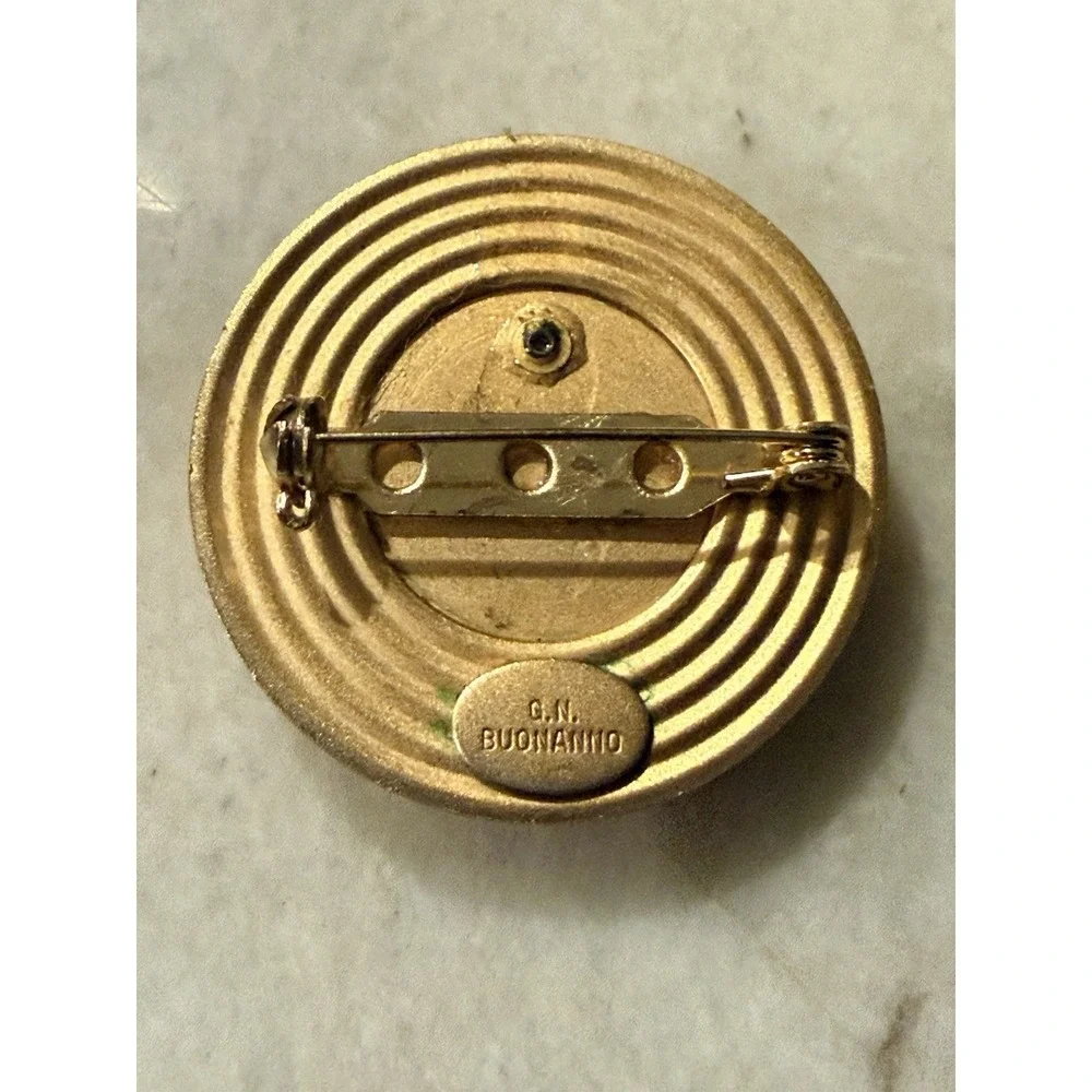 Vintage GN Buonanno Brooch Gold Tone Circle MCM Atomic Green Stone